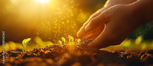 Hand nurturing young plant in sunlight. photo