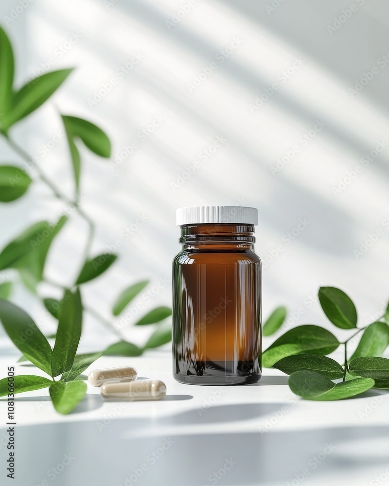 Amber glass bottle with capsules and green leaves in sunlit minimalist setting Amber glass bottle with capsules and green leaves in sunlit minimalist setting