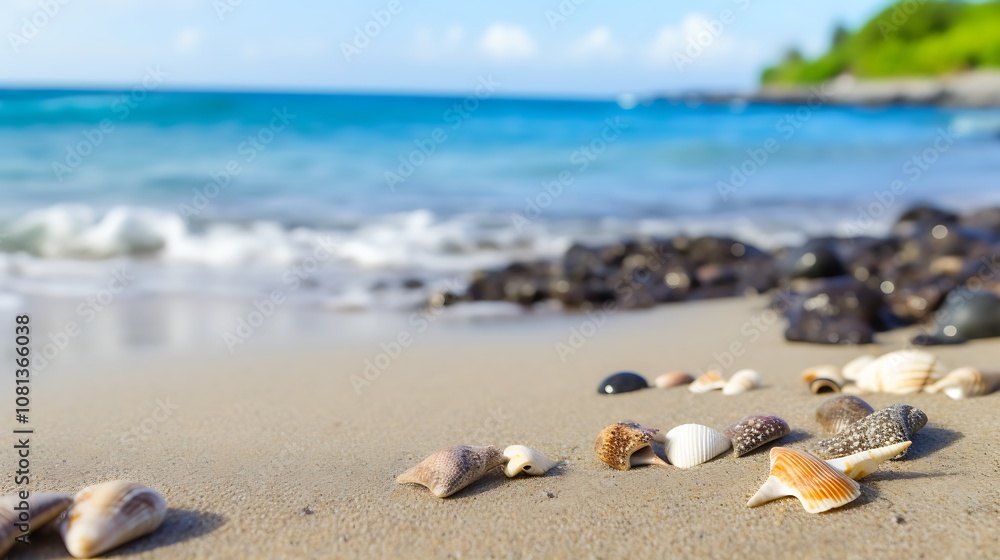 Seashells on Sandy Beach with Ocean and Rocks in Background Seashells on Sandy Beach with Ocean and Rocks in Background