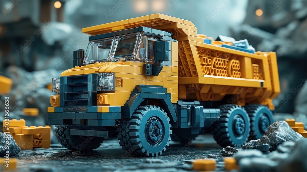 a toy dump truck filled with colorful, highly detailed building blocks. a toy dump truck filled with colorful, highly detailed building blocks.