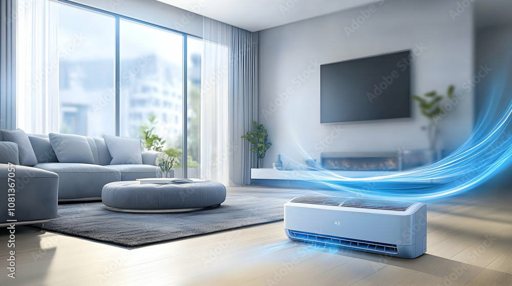 3D Render of Air Conditioner in Modern Living Room, Circulating Cool Air, Enhancing Comfort and Style 3D Render of Air Conditioner in Modern Living Room, Circulating Cool Air, Enhancing Comfort and Style