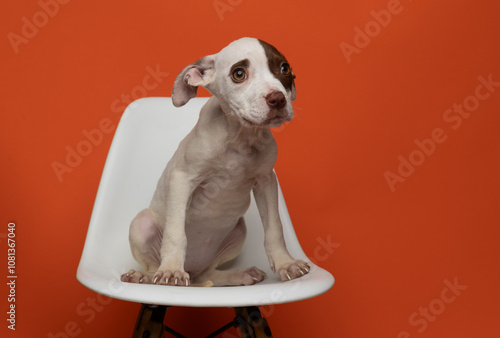 cute puppy on white chair on orange background