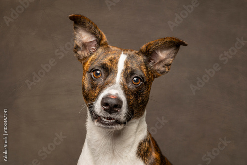 terrier puppy portrait looking straight at camera on brown background