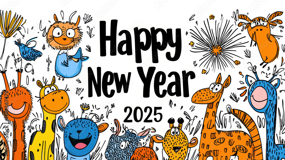 Naklejka premium Happy New Year 2025 card featuring cheerful animals celebrating occasion with vibrant colors and playful designs, perfect for spreading joy and good wishes