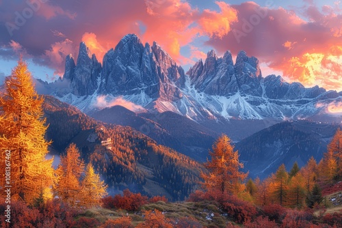 Sunset Over the Dolomites in Autumn photo