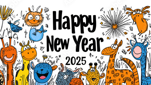 Fototapeta Naklejka Na Ścianę i Meble -  Happy New Year 2025 card featuring cheerful animals celebrating occasion with vibrant colors and playful designs, perfect for spreading joy and good wishes