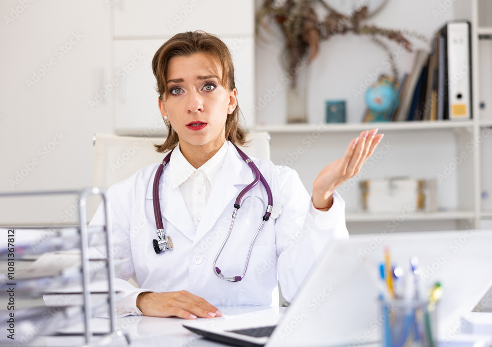 Woman doctor sitting at workplace with computer in her office Woman doctor sitting at workplace with computer in her office