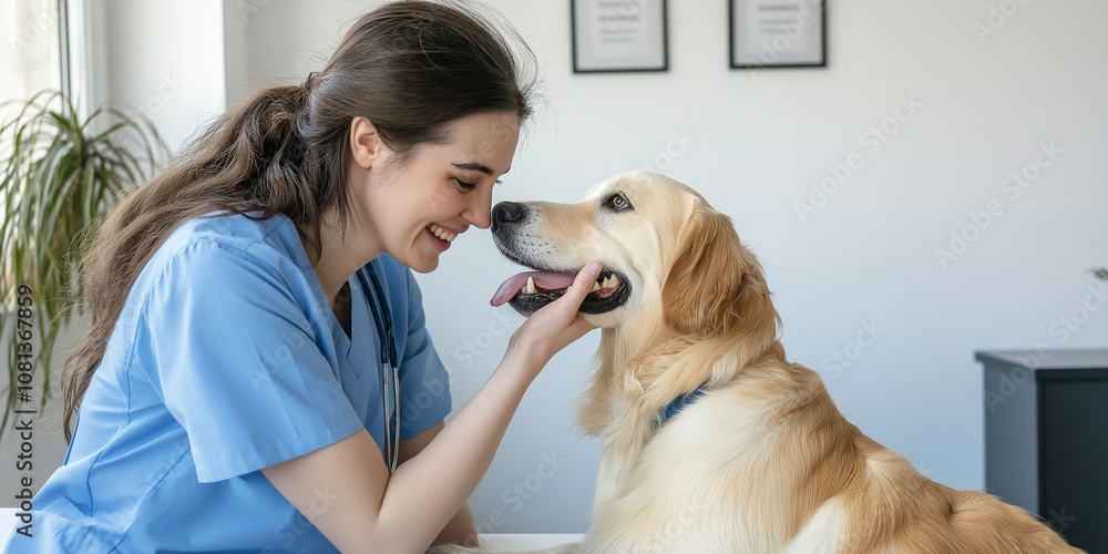 A compassionate and dedicated veterinarian engaging in a warm interaction with a friendly Golden Retriever, showcasing the bond between a skilled practitioner and a beloved canine companion A compassionate and dedicated veterinarian engaging in a warm interaction with a friendly Golden Retriever, showcasing the bond between a skilled practitioner and a beloved canine companion