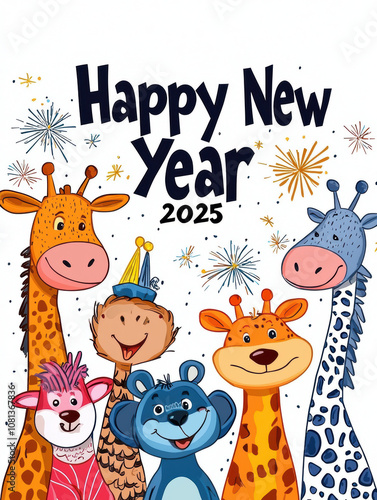 Wallpaper Mural Happy New Year 2025 poster featuring playful cartoon animals celebrating joyfully with fireworks in background, perfect for festive occasions Torontodigital.ca