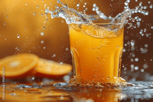 Fresh Orange Juice Splashing in Glass on Yellow Background, High Resolution Photography