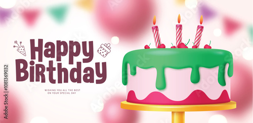 Happy birthday greeting vector banner design. Birthday greeting text with cake, candle and cherry toppings for party invitation card background. Vector illustration wish greetings design. 
