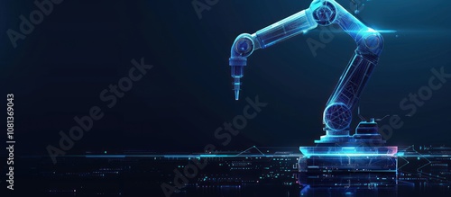A robotic arm with glowing blue lines on a dark background, with a glowing blue light at the end of the arm.