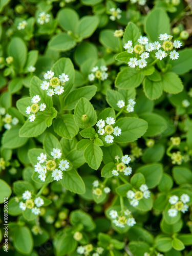 Green floral background of the Galium aparine - top view. Green, tenacious weed plant with small white flowers