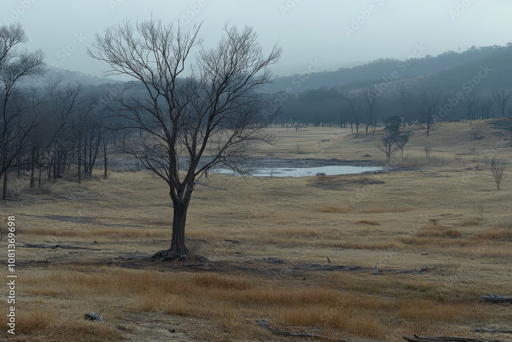Serene Landscape of a Foggy Meadow with a Bare Tree and a Calm Pond Surrounded by Dry Grass and Leafless Trees in a Quiet, Tranquil Environment Serene Landscape of a Foggy Meadow with a Bare Tree and a Calm Pond Surrounded by Dry Grass and Leafless Trees in a Quiet, Tranquil Environment