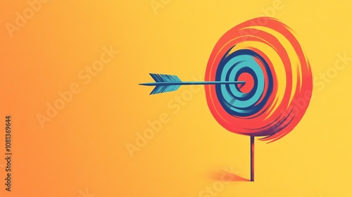 Vibrant Illustration of Arrow Hitting Target Center, Emphasizing Goal Completion on Pastel Background