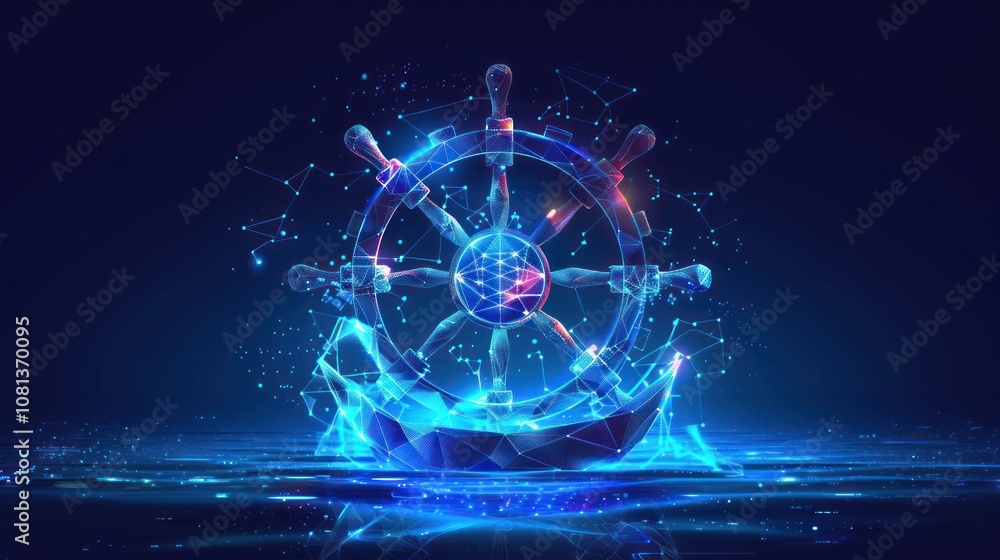 A glowing blue and pink low poly ship wheel with a splash of water in front of it on a dark background. A glowing blue and pink low poly ship wheel with a splash of water in front of it on a dark background.