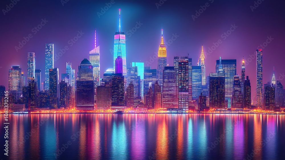 Fototapeta premium Vibrant Night Cityscape: Skyscrapers Reflect in Calm Waters, Illuminated with Neon Lights, Creating a Stunning Urban Panorama.