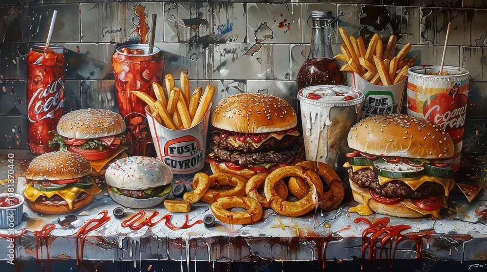 A still life painting of a classic American fast food meal, including burgers, fries, onion rings, and milkshakes. A still life painting of a classic American fast food meal, including burgers, fries, onion rings, and milkshakes.