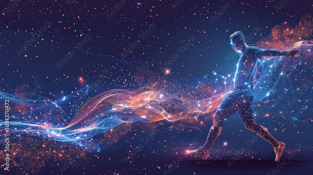 A silhouette of a male athlete running with a glowing trail of light behind him, against a dark blue background. A silhouette of a male athlete running with a glowing trail of light behind him, against a dark blue background.