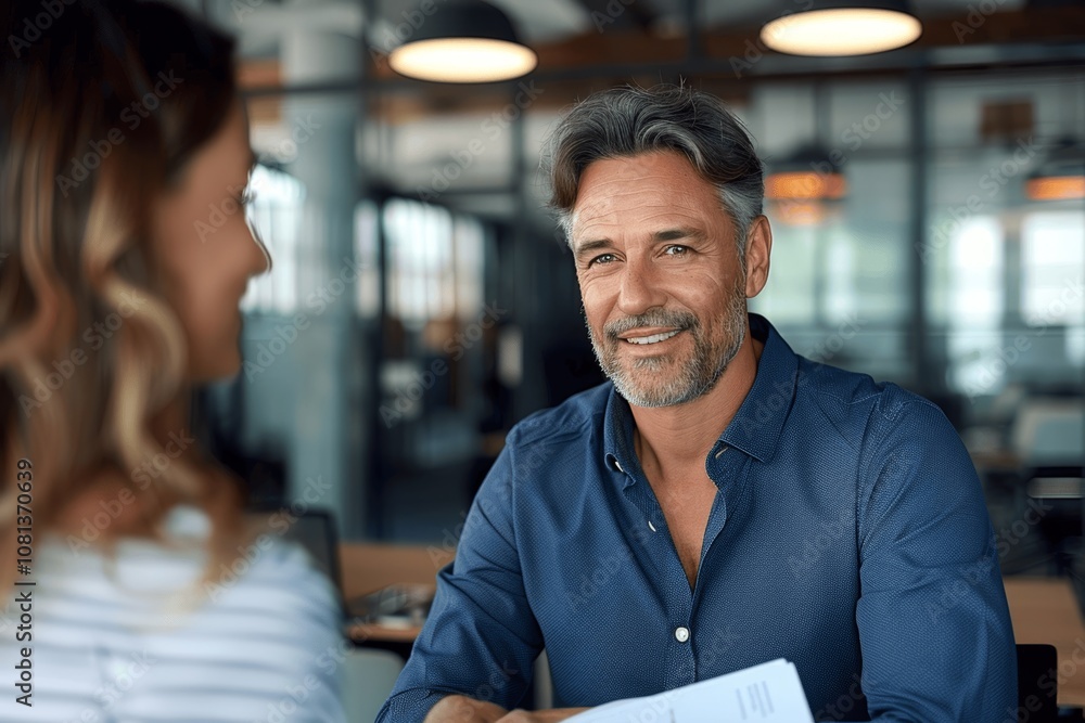 Fototapeta premium Smiling middle-aged business man in office wearing blue shirt looking at camera