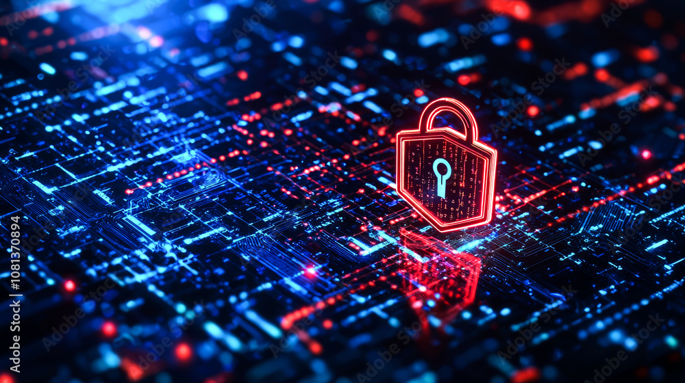 Cyber security padlock on a circuit board.