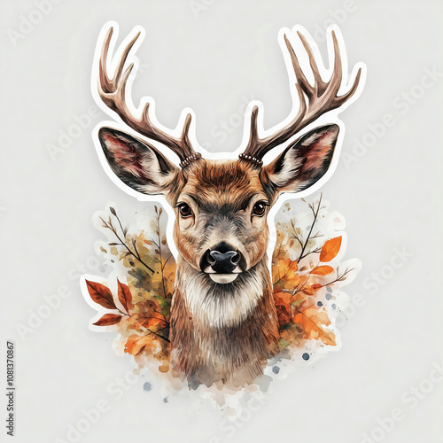 Deer head with autumn fall leaves sticker watercolor illustration photo