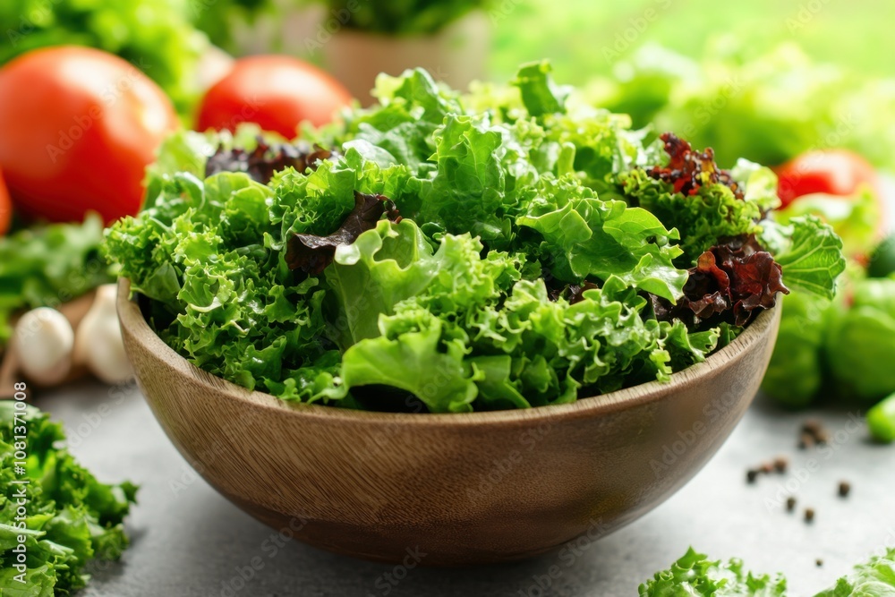 Fresh Green Salad in Wooden Bowl with Vegetables in Background Fresh Green Salad in Wooden Bowl with Vegetables in Background