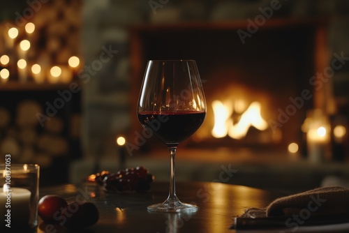 Glass of Red Wine in Warm Fireplace