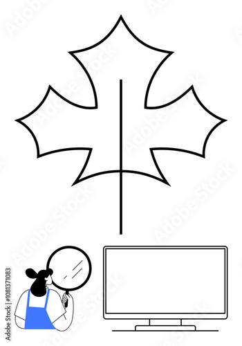 Person holding magnifying glass investigating a stylized leaf near computer monitor. Ideal for education, environment, research, biology, science, technology, examination. Line metaphor