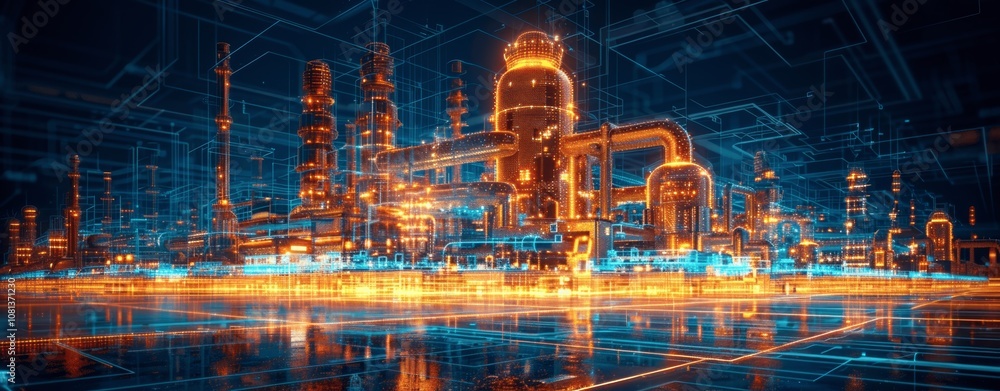 Obraz premium industrial building hologram with blue and orange glowing lines and 3D technical drawing
