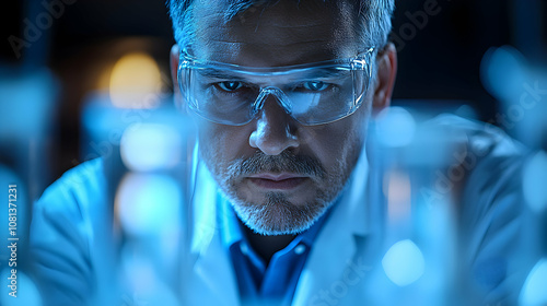 Focused Scientist Scrutinizes Lab Samples with Intense Concentration in a Blue-Lit Laboratory Setting