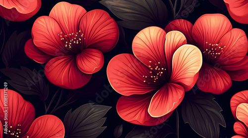 Vibrant Red Floral Illustration: Dark Leafy Background, Seamless Pattern of Detailed Blossoms, Painted Artistic Style