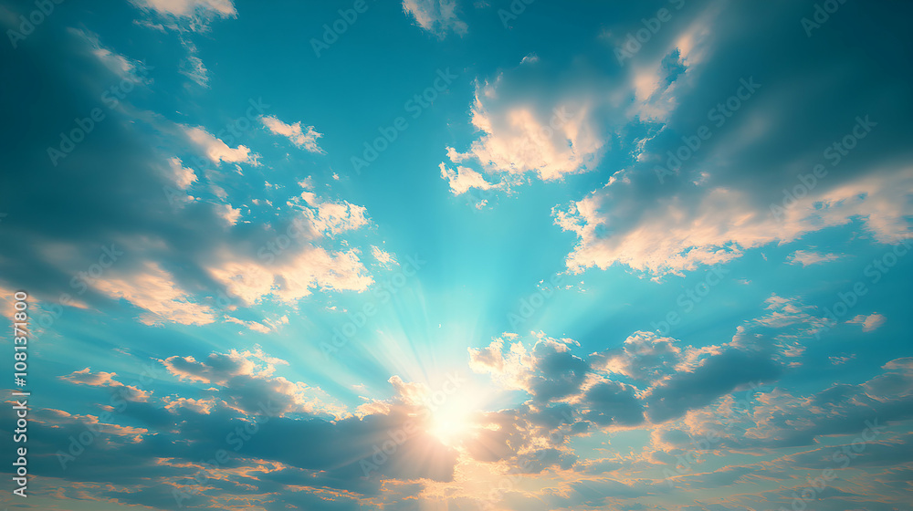 Sun's Rays Burst Through Clouds in a Vivid Teal Sky, Creating a Dramatic and Peaceful Sunset Scene Sun's Rays Burst Through Clouds in a Vivid Teal Sky, Creating a Dramatic and Peaceful Sunset Scene