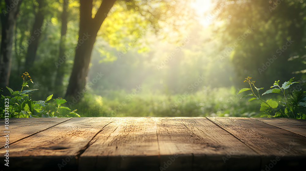 Rustic Wooden Table in Sunlit Forest, Nature Background Illustration Rustic Wooden Table in Sunlit Forest, Nature Background Illustration