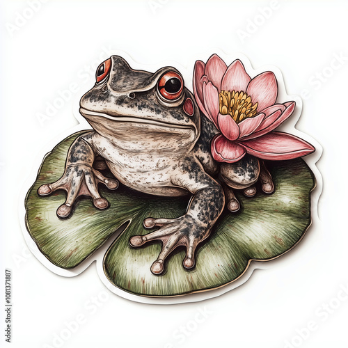 Toad sitting on a lily pad with a flower clip art sticker illustration design  photo