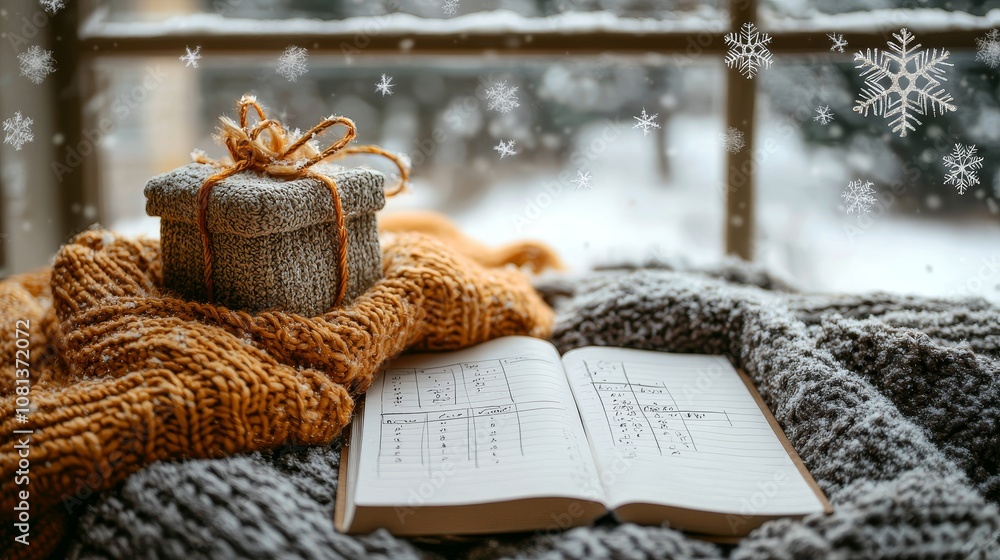 A cozy winter scene featuring a wrapped gift, an open book, and a warm knitted blanket, with snowflakes gently falling outside a window. A cozy winter scene featuring a wrapped gift, an open book, and a warm knitted blanket, with snowflakes gently falling outside a window.