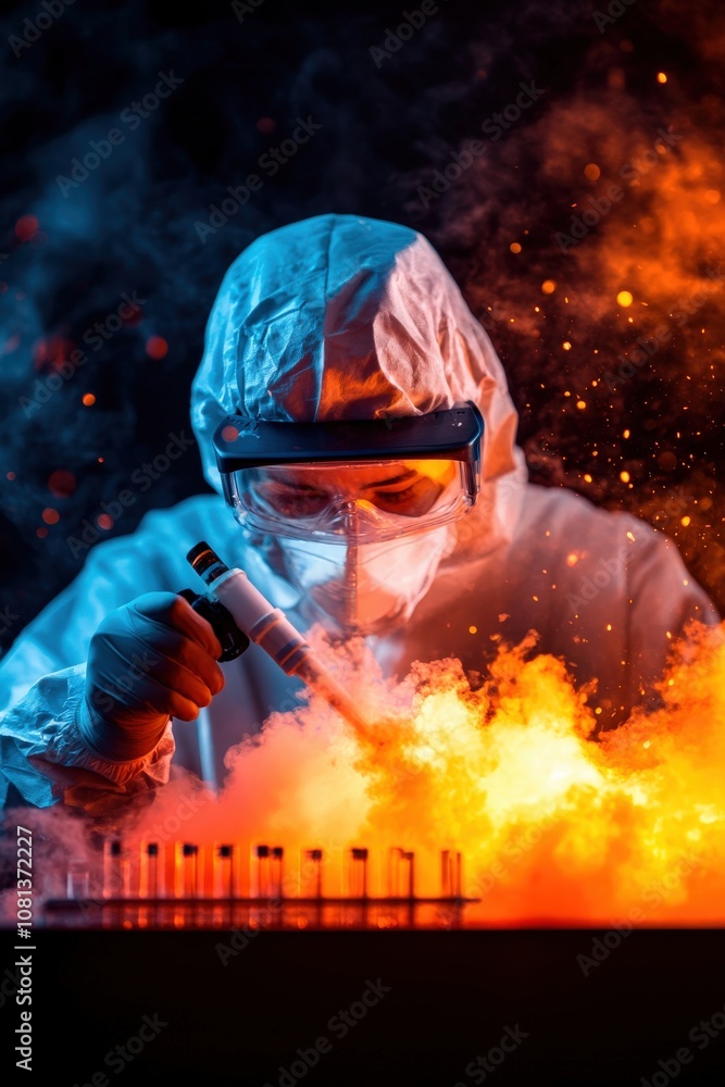 A scientist in protective gear conducts an experiment, creating colorful smoke and sparks, showcasing the excitement of chemistry and innovation. A scientist in protective gear conducts an experiment, creating colorful smoke and sparks, showcasing the excitement of chemistry and innovation.