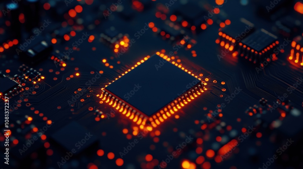 A close-up of a glowing microchip on a circuit board, featuring intricate patterns and vibrant orange lights against a dark background. A close-up of a glowing microchip on a circuit board, featuring intricate patterns and vibrant orange lights against a dark background.