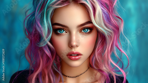 Close-up of a Woman with Vibrant Pink, Purple, and Teal Wavy Hair against a Teal Background