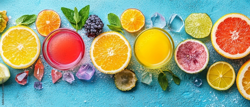 A vibrant arrangement of colorful citrus slices and beverages on a blue background, showcasing freshness and summer vibes.