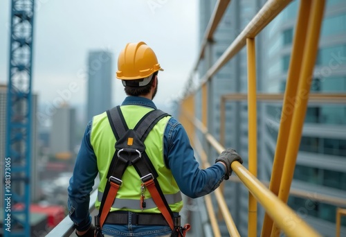 Male worker with safety equipment in high-risk work at high altitude