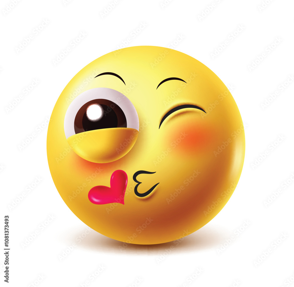 Fototapeta premium Lip kiss emoji vector character. Winking face clipart emoticon with in love, happy and cute social media facial expressions in white background. Vector illustration flying kiss clip art emoji. 