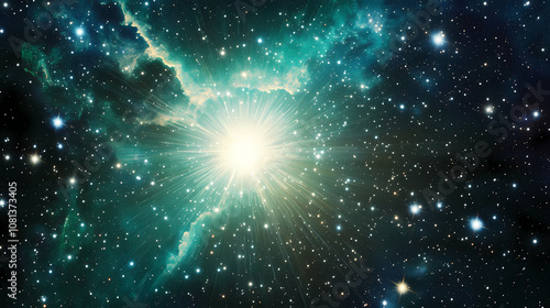 Fototapeta Naklejka Na Ścianę i Meble -  Breathtaking green nebula with a dense starfield, depicting the surreal beauty of outer space and star creation. Nebula. Illustration