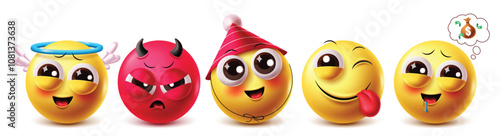 Angel emoji vector character set. Emojis angel and evil character with 3d  yellow clipart facial expression like friendly, angry, cute, winking, naughty, thirsty money graphic elements. Vector 