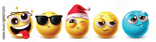 Xmas santa emoji vector characters set. Emojis santa claus winking face wearing hat costume with drooling, cool, cute, sad and cold facial expressions clipart design elements. Vector illustration 3d  