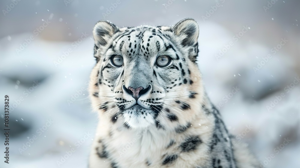 Fototapeta premium Snow Leopard as a teacher banner with copy space area for text. Cute Snow...