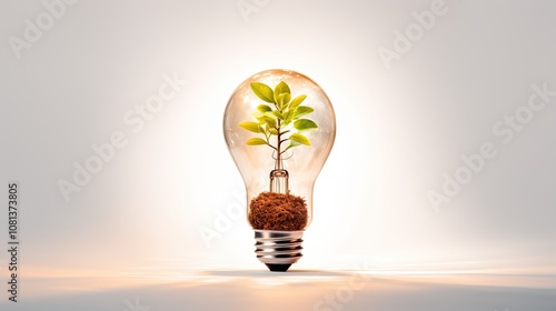 A close-up of a light bulb with a growing plant inside, showcasing delicate roots and fresh leaves, with the bulb softly glowing and casting warm light against a clean, white backdrop. 