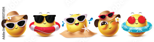 Summer emoji vector characters set. Emojis outfit summertime clip art wearing hat and sunglasses beach elements with floaters facial expressions for tropical holiday season. Vector illustration summer