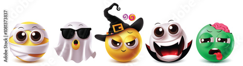 Halloween emoji characters vector set. Emojis scary halloween clip art character like mummy, ghost, witch, vampire and zombie in scary mascot costume graphic design elements. Vector illustration 