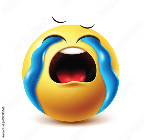 Sob emoji vector character. Crying clip art emoticon with tear eyes, weep and sorrowful facial expressions isolated in white background. Vector illustration sobbing clipart emoji.
